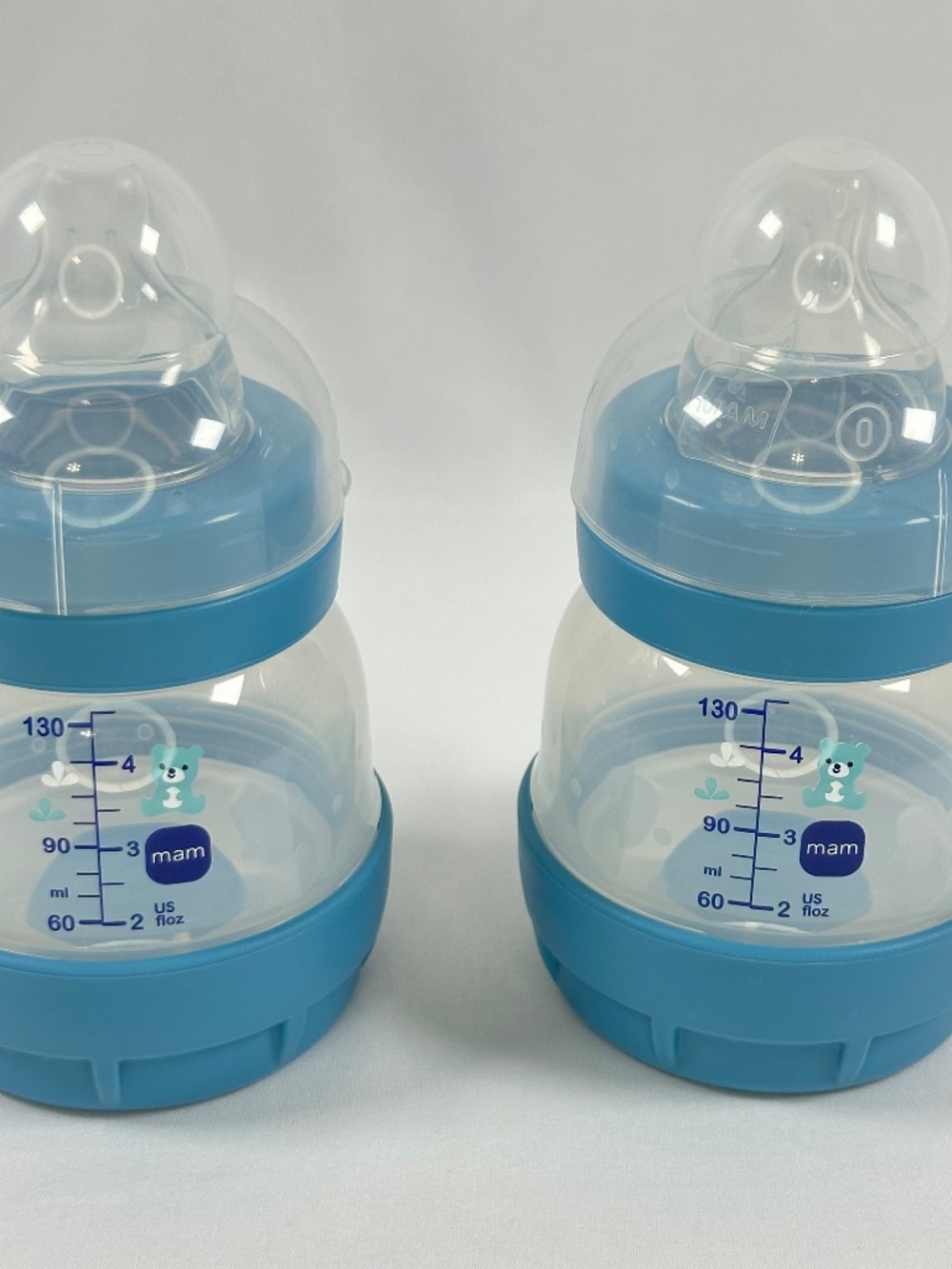 MAM 4 ounce Plastic Bottles, Blue, (2 pack), with Nipples